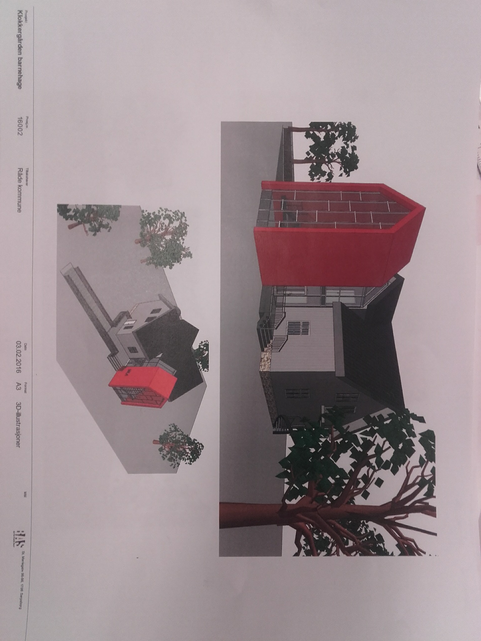 Architektoniczny plan budynku z czerwonym dachem, otoczony zielenią, na białym tle. Widoczne detale architektoniczne i elementy otoczenia. Plan budynku.