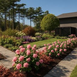 Garden Magic - Starannie zaprojektowany ogród przydomowy z równo przystrzyżonym trawnikiem, rabatami z kwitnącymi hortensjami w odcieniach różu, lawendą i białymi kwiatami, ścieżką z betonowych płyt, wysokimi...