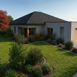 Garden Magic - Nowoczesny dom z zadbanym trawnikiem, rabatami kwiatowymi i drzewem klon palowym, widok z góry.