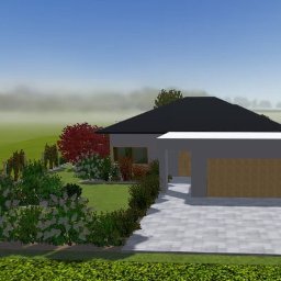 Garden Magic - Wizualizacja ogrodu przed nowoczesnym domem z szarą elewacją, ukazująca rabaty z kwitnącymi krzewami, drzewa o czerwonych liściach i ozdobne trawy, z uwzględnieniem podjazdu wyłożonego kostką brukową.