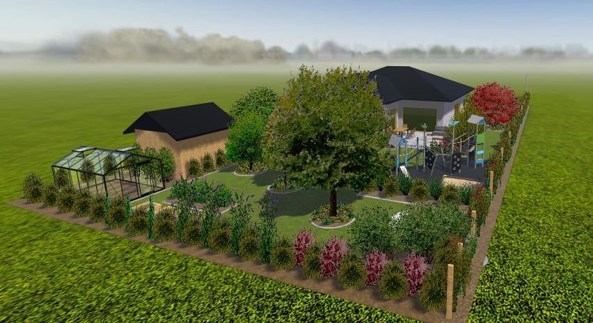 Wizualizacja 3D zagospodarowania przestrzeni przydomowej z domem, szklarnią, placem zabaw, drzewami i rabatami kwiatowymi, widok z lotu ptaka.