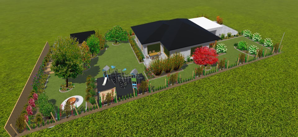 Wizualizacja 3D projektu ogrodu z domem jednorodzinnym, placem zabaw, miejscem na ognisko i starannie zaplanowaną roślinnością.