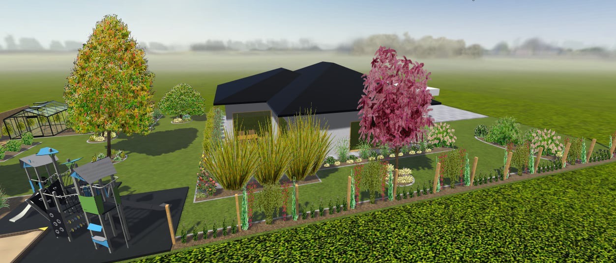 Wizualizacja 3D ogrodu z nowoczesnym domem, placem zabaw, szklarnią i różnorodną roślinnością, w tym drzewa o różnym zabarwieniu liści i wysokie trawy ozdobne.