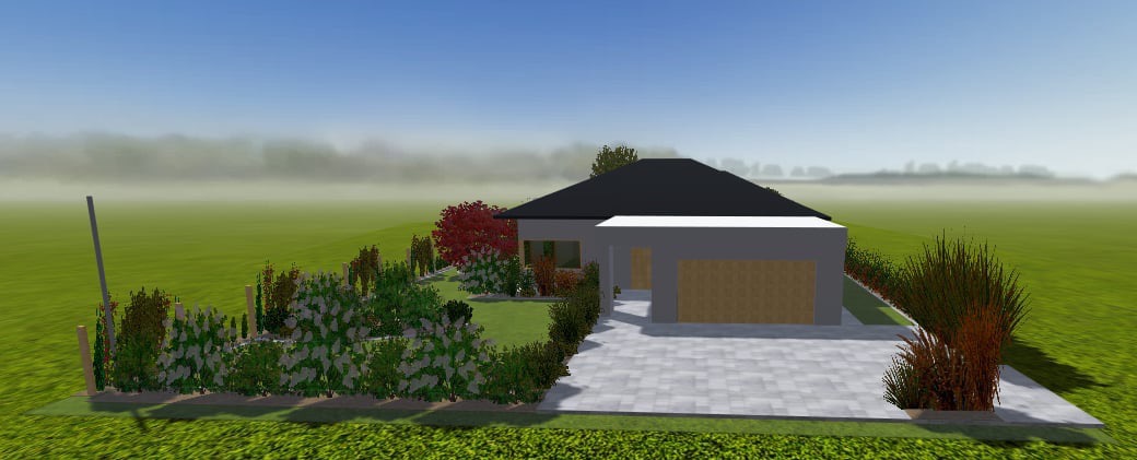 Wizualizacja ogrodu przed nowoczesnym domem z szarą elewacją, ukazująca rabaty z kwitnącymi krzewami, drzewa o czerwonych liściach i ozdobne trawy, z uwzględnieniem podjazdu wyłożonego kostką brukową.