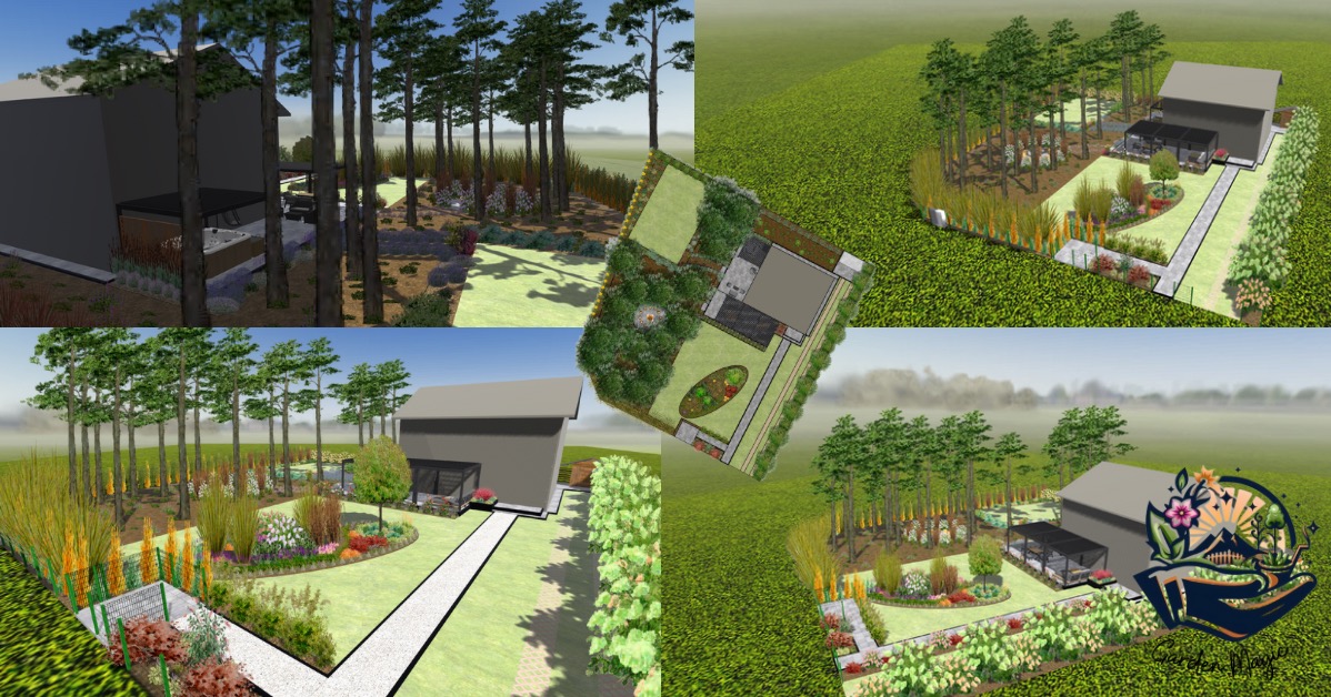 Wizualizacja 3D zagospodarowania terenu wokół nowoczesnego domu, z uwzględnieniem wysokich drzew iglastych, ścieżek z jasnego kamienia, rabat kwiatowych i strefy relaksu z pergolą, dodatkowo...