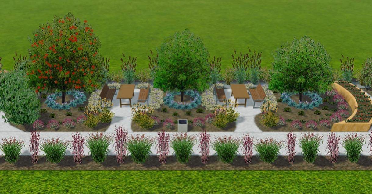 Wizualizacja komputerowa zagospodarowania terenu zielonego z drzewami, kwiatami, ławkami, stolikami i śmietnikiem, widok z góry.