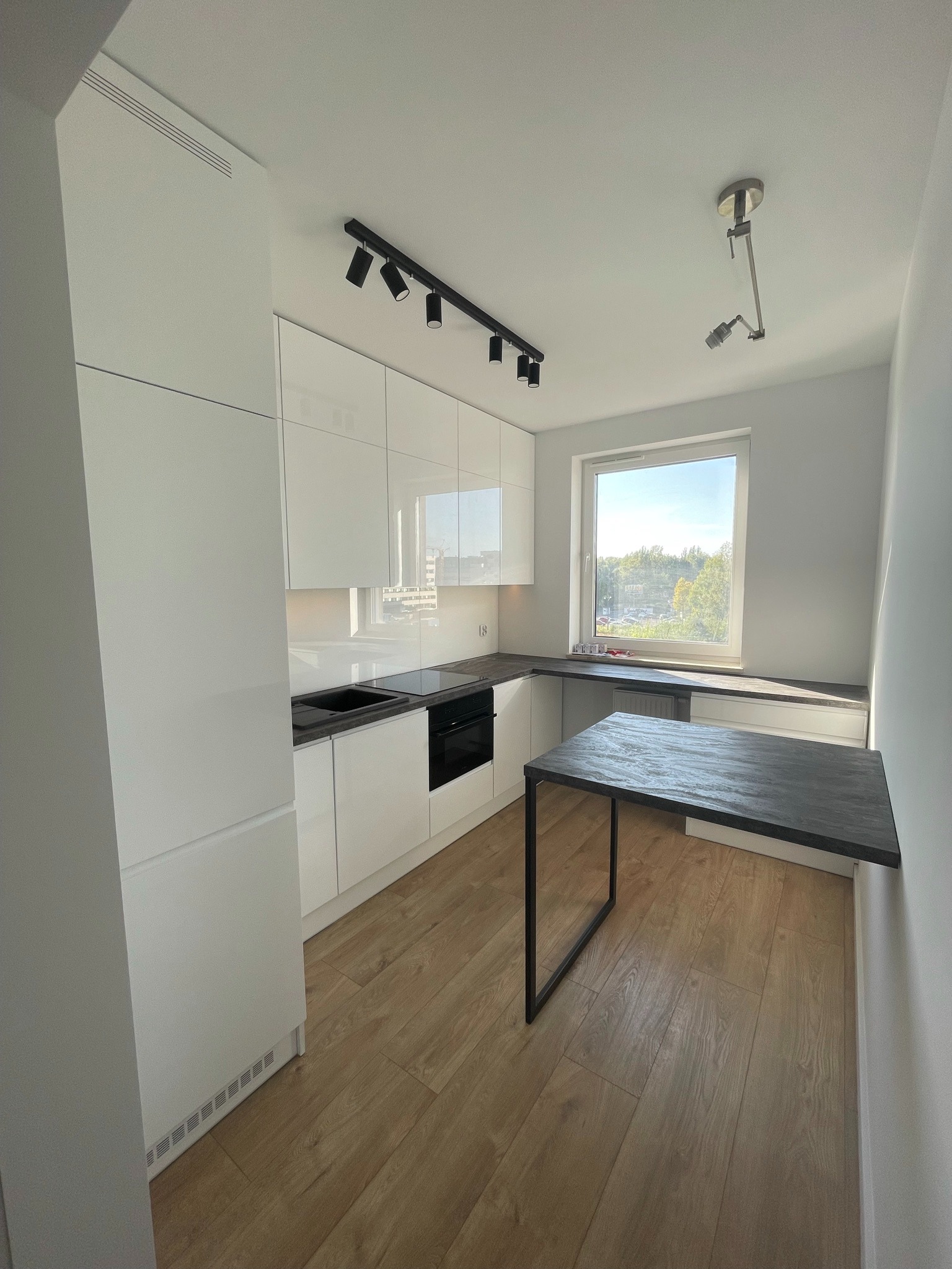 Nowoczesna, jasna kuchnia z białymi, lakierowanymi frontami, czarnym blatem i drewnianą podłogą. Minimalistyczny design, oświetlenie punktowe, okno z widokiem na zieleń.