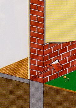 Przekrój fundamentu budynku z zaznaczoną warstwą izolacyjną, widoczne cegły, ziemia i trawa, schematyczny rysunek w jasnych kolorach.