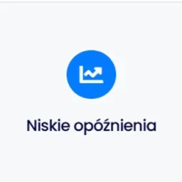 Ikona niebieskiego koła z białym symbolem wzrostu wykresu i tekstem 'Niskie opóźnienia' poniżej, na białym tle.