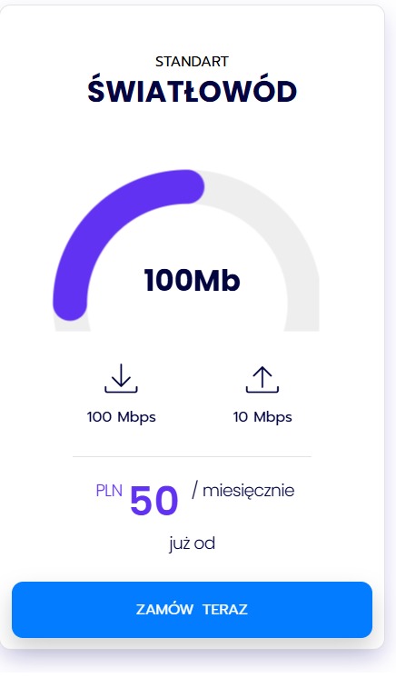 Internet światłowodowy o prędkości pobierania d0 600Mbit/s i wysyłania 60Mbit/s.