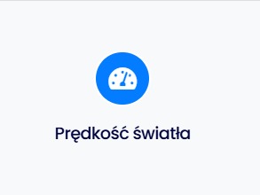 Ikona prędkościomierza w niebieskim okręgu na białym tle, podpisana tekstem 'Prędkość światła'.