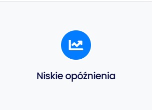 Ikona niebieskiego koła z białym symbolem wzrostu wykresu i tekstem 'Niskie opóźnienia' poniżej, na białym tle.