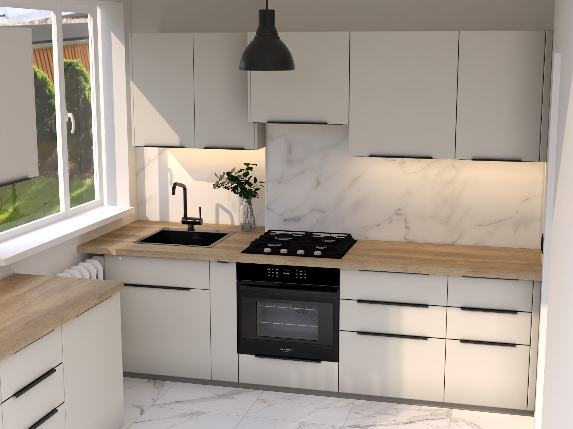 Wizualizacja nowoczesnej kuchni z białymi frontami, drewnianym blatem, czarną armaturą i marmurowym panelem ściennym, oświetlona lampą wiszącą.