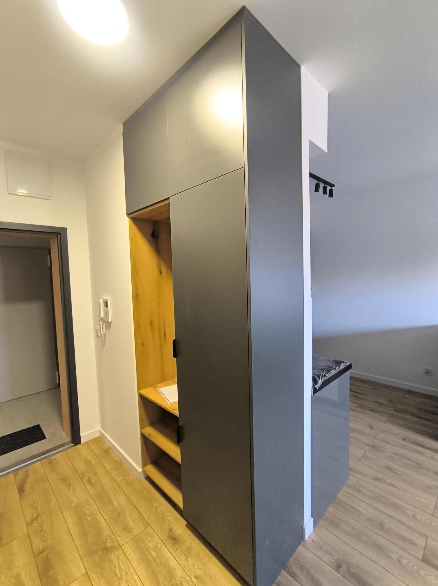 Szara szafa wnękowa z drewnianym wnętrzem, otwartą częścią z półkami i wieszakiem, widoczna w przedpokoju z drewnianą podłogą.