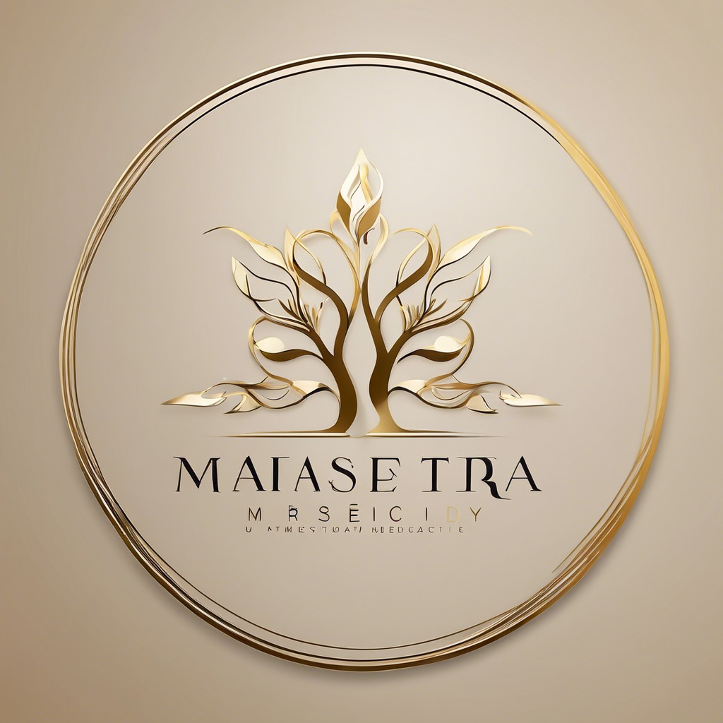 Eleganckie logo w odcieniach beżu i złota przedstawia stylizowany motyw drzewa z liśćmi, umieszczone w okręgu z podwójną złotą obwódką, nad nazwą firmy.