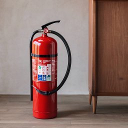 GRUPA SAFETOM SPÓŁKA Z OGRANICZONĄ ODPOWIEDZIALNOŚCIĄ - Czerwona gaśnica proszkowa z czarnym wężem i manometrem, umieszczona na drewnianej podłodze obok drewnianej komody z nogami.