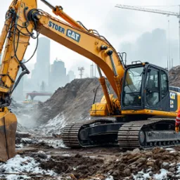 Żółta koparka marki Stoer CAT na placu budowy w mieście, z widocznym operatorem w kasku i pomarańczowej kurtce, oraz żurawiem w tle.