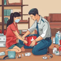 Mężczyzna w uniformie i kobieta w maseczce na podłodze, pakują czerwoną apteczkę pierwszej pomocy z białym krzyżem na tle regału z książkami.