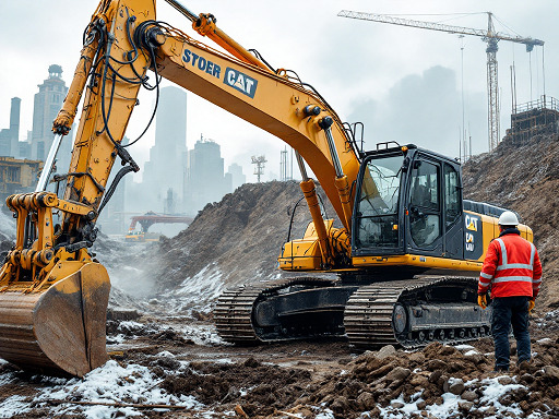 Żółta koparka marki Stoer CAT na placu budowy w mieście, z widocznym operatorem w kasku i pomarańczowej kurtce, oraz żurawiem w tle.