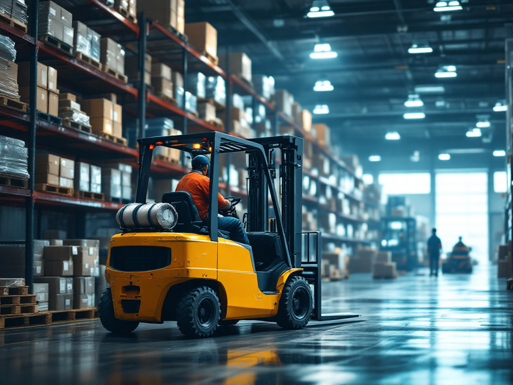 Żółty wózek widłowy z operatorem w pomarańczowej koszuli, na tle magazynu z regałami pełnymi kartonów. W oddali widoczni pracownicy i drugi wózek widłowy.