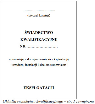 Skan okładki świadectwa kwalifikacyjnego z napisem 'Świadectwo Kwalifikacyjne' oraz 'Eksploatacja'. Widoczny tekst 'uprawniające do zajmowania się eksploatacją urządzeń, instalacji i sieci...