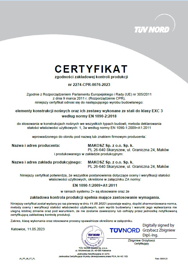 Certyfikat zgodności zakładowej kontroli produkcji nr 2274-CPR-0076-2023 firmy MAKOSZ Sp. z o.o. Sp. k. wystawiony przez TUV NORD, potwierdzający zgodność elementów konstrukcji nośnych wykonanych...