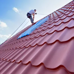 Pracownik zabezpieczony linami na dachu z blachodachówki w trakcie pracy, fragment dachu przykryty folią. Ujęcie z dołu, błękitne niebo w tle.