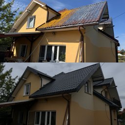 HOGAASTAR SPÓŁKA Z OGRANICZONĄ ODPOWIEDZIALNOŚCIĄ - Dom przed i po myciu dachu: żółty dom z dachem pokrytym mchem i algami (góra) oraz ten sam dom z czystym, ciemnoszarym dachem (dół). Efekt czyszczenia dachu.