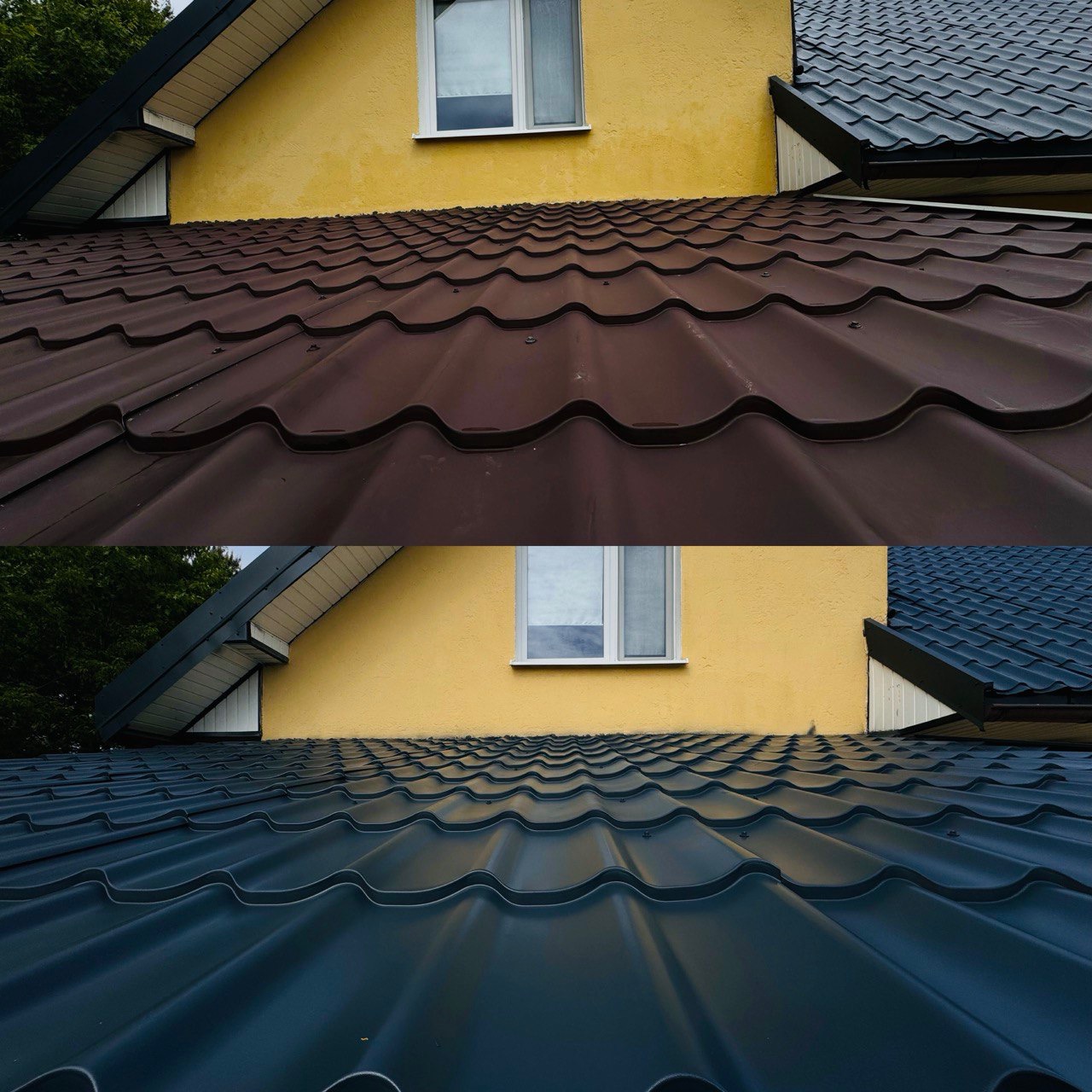 Dachówka przed i po renowacji: górna część brązowa, dolna - ciemnografitowa. Żółta elewacja budynku z białym oknem w tle. Efekt odświeżenia.