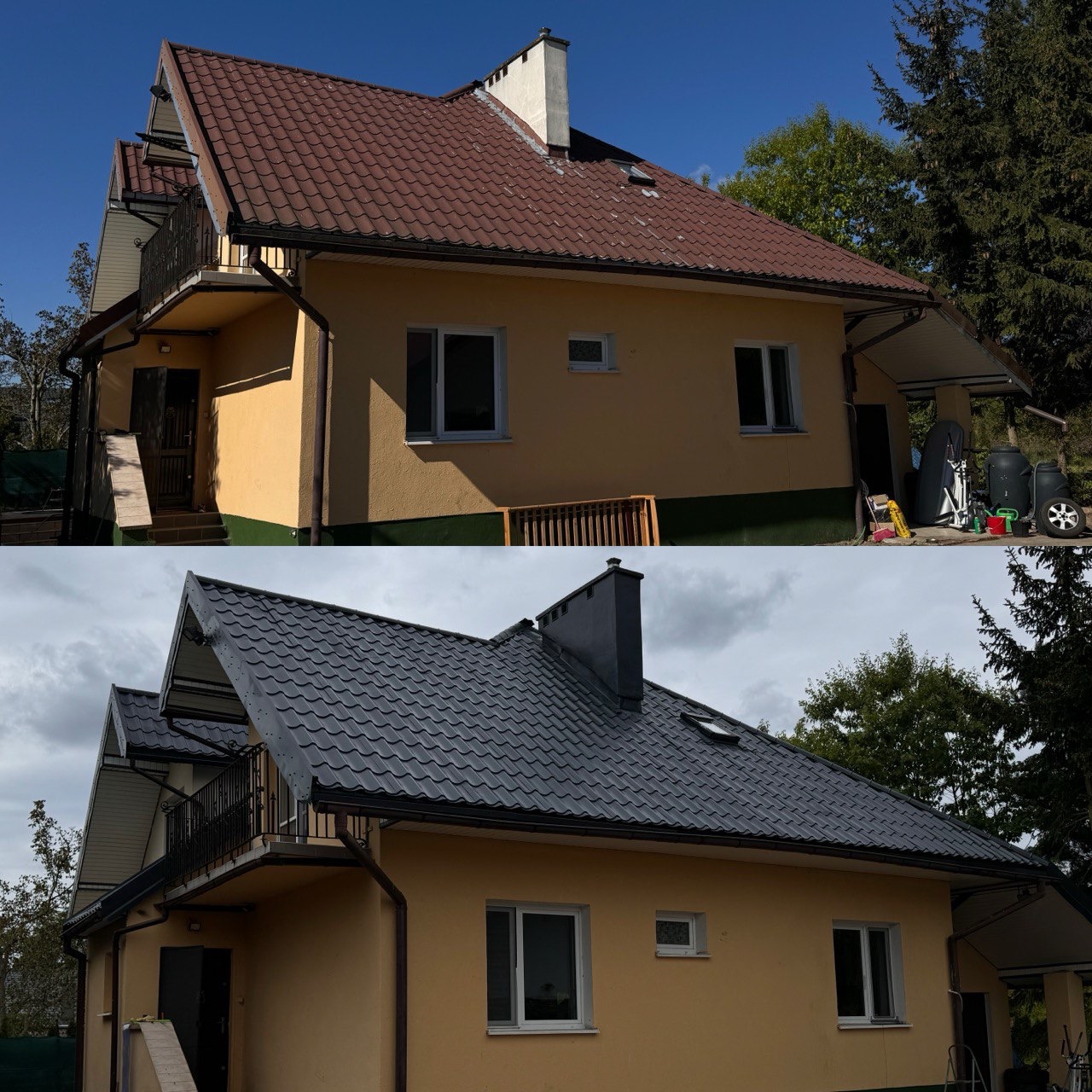 Zdjęcie 'przed i po' prezentujące dom z dachem: przed malowaniem (czerwony) i po malowaniu (grafitowy). Widok na elewację i dach domu.