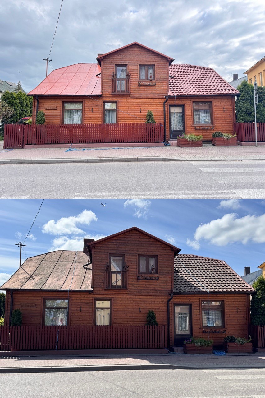 Drewniany dom przed i po odświeżeniu. Górna część zdjęcia prezentuje dom z nowym, czerwonym dachem. Dolna część pokazuje dom ze starym, szarym dachem.