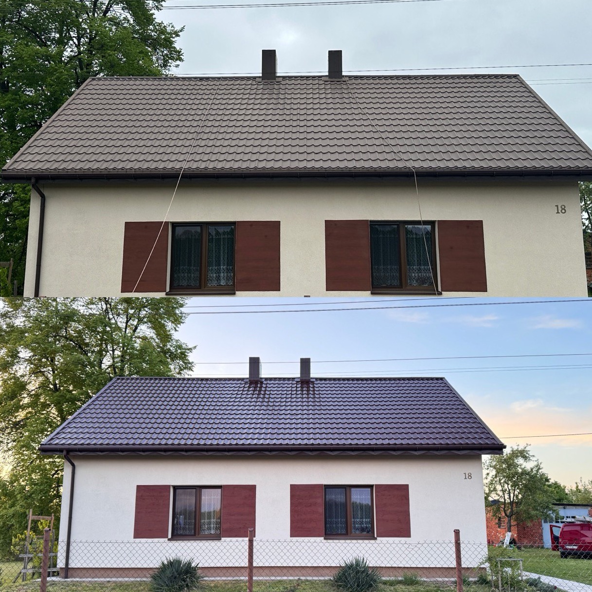 Zdjęcie 'przed i po' prezentujące dom z odnowioną elewacją i dachem. Górna część pokazuje starszy, wyblakły odcień, dolna część prezentuje dom po renowacji z ciemniejszym kolorem dachu.