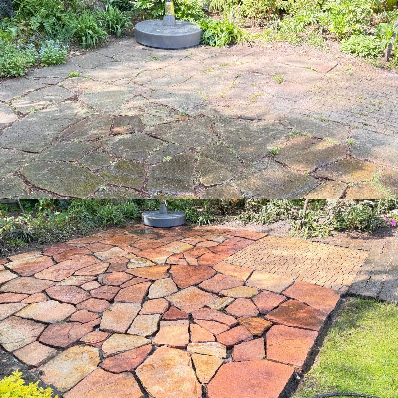 Fragment kostki brukowej po czyszczeniu, widoczna różnica między umytą a zabrudzoną powierzchnią. Kamienna ścieżka w ogrodzie po myciu.