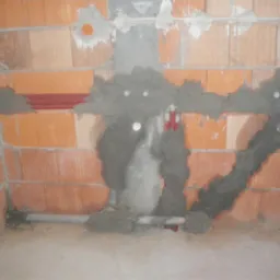 Ściana z cegły dziurawki z zamontowanymi i obmurowanymi rurami instalacji wodnej i kanalizacyjnej, widoczne otwory na przyłącza.