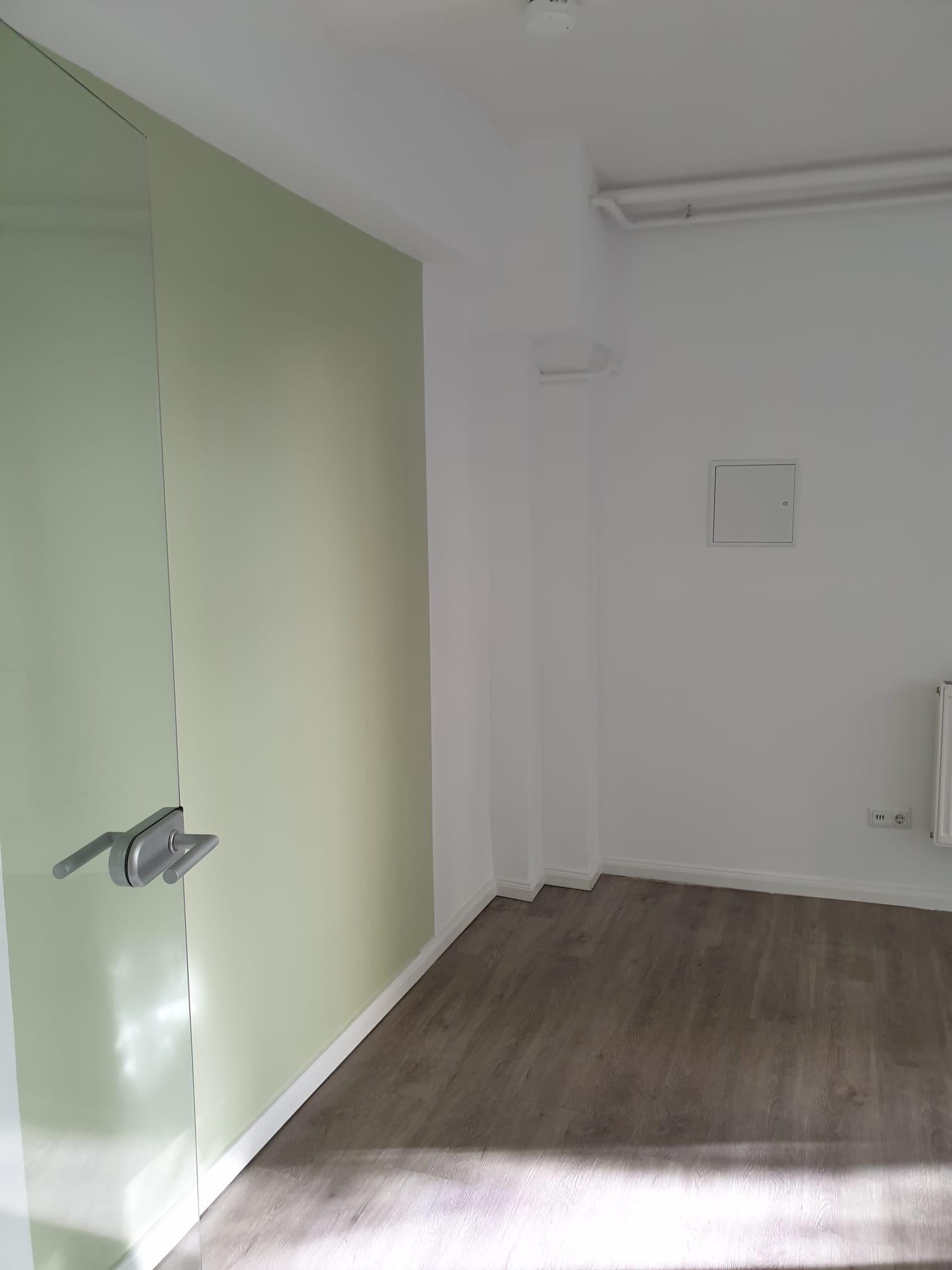 Wnętrze po remoncie: świeżo pomalowana ściana w odcieniach zieleni, panele podłogowe imitujące drewno, szklane drzwi z metalową klamką i białe wykończenia.