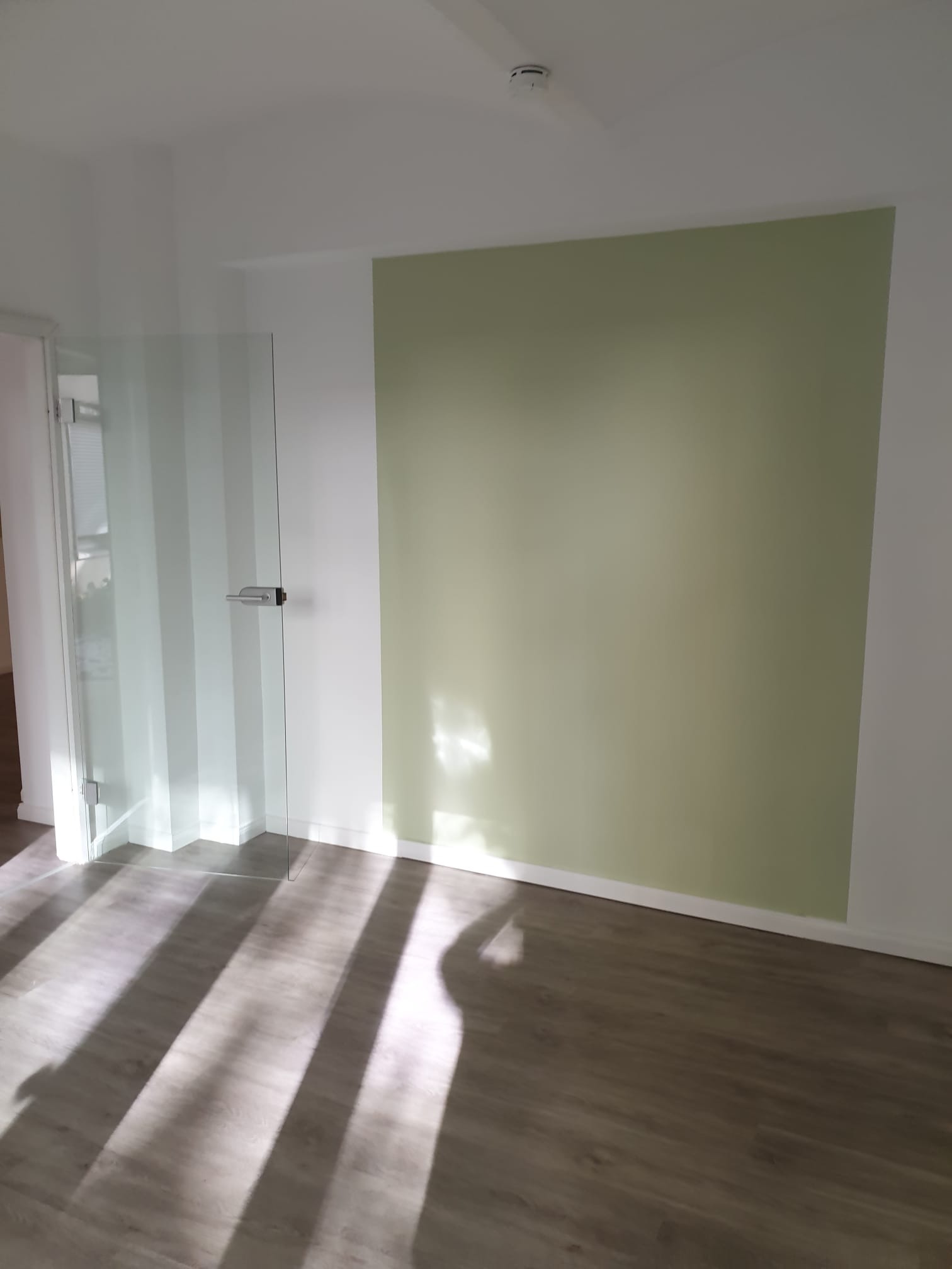 Wnętrze po odświeżeniu: ściana pomalowana na oliwkowy kolor, szklane drzwi z metalową klamką, panele podłogowe z efektem cienia. Minimalistyczny design.