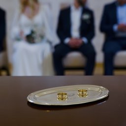 ADAM BORKOWSKI - Złote obrączki ślubne na srebrnej tacy z grawerem, na pierwszym planie, w tle rozmyta para młoda i goście podczas ceremonii.