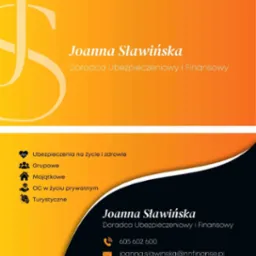 Wizytówka doradcy ubezpieczeniowego i finansowego, Joanna Sławińska, z kontaktami i listą oferowanych ubezpieczeń: na życie, grupowe, majątkowe, OC, turystyczne.