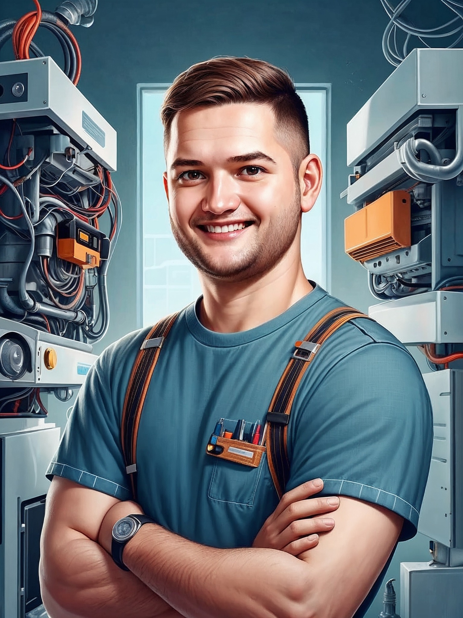 Uśmiechnięty mężczyzna w szelkach i z narzędziami w kieszeni na tle urządzeń z przewodami, prawdopodobnie związanych z systemem wentylacji lub klimatyzacji.