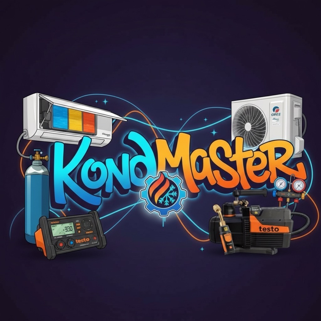 Ilustracja z klimatyzatorami, butlą gazową i pompą próżniową Testo, otoczona napisem 'KondMaster' na ciemnym tle z dekoracyjnymi liniami.