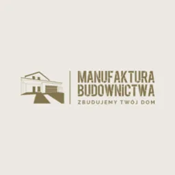 Logo firmy budowlanej: szkic domu z garażem i napis 'MANUFAKTURA BUDOWNICTWA. ZBUDUJEMY TWÓJ DOM'