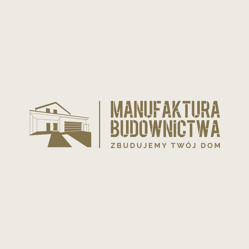 Logo firmy budowlanej: szkic domu z garażem i napis 'MANUFAKTURA BUDOWNICTWA. ZBUDUJEMY TWÓJ DOM'