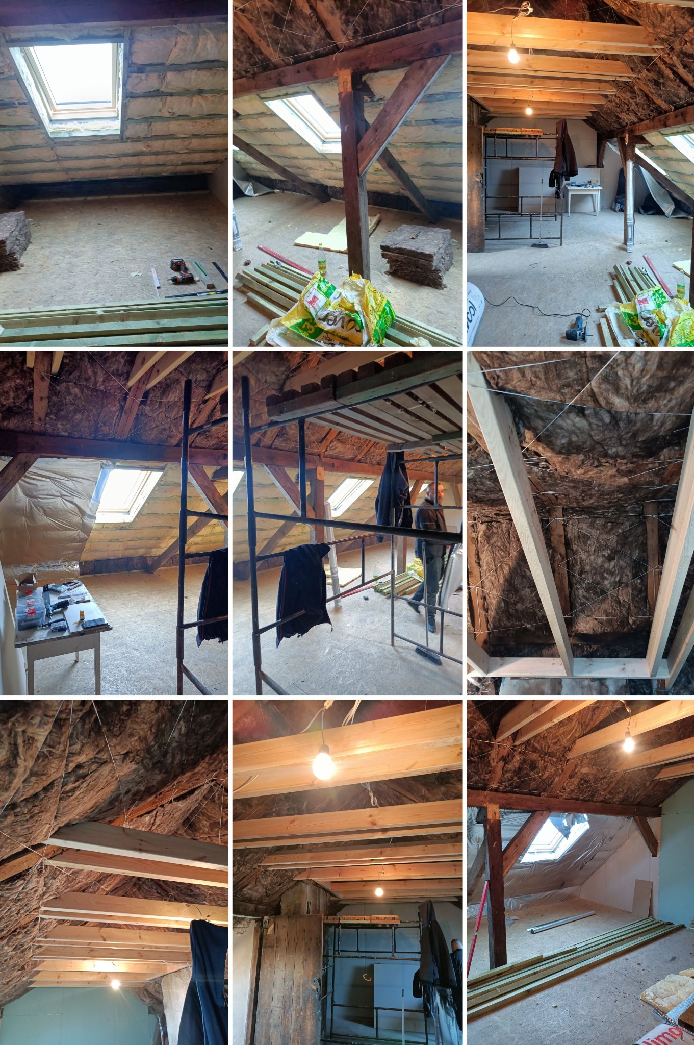 Seria zdjęć z remontu poddasza: izolacja, montaż okien dachowych, konstrukcja szkieletowa. Widoczne materiały izolacyjne, drewno konstrukcyjne i narzędzia.