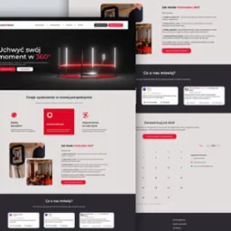 Strona internetowa fotobudki 360: nagłówek z hasłem 'Uchwyć swój moment w 360°', sekcje o efektach specjalnych i opiniach klientów, kalendarz rezerwacji.