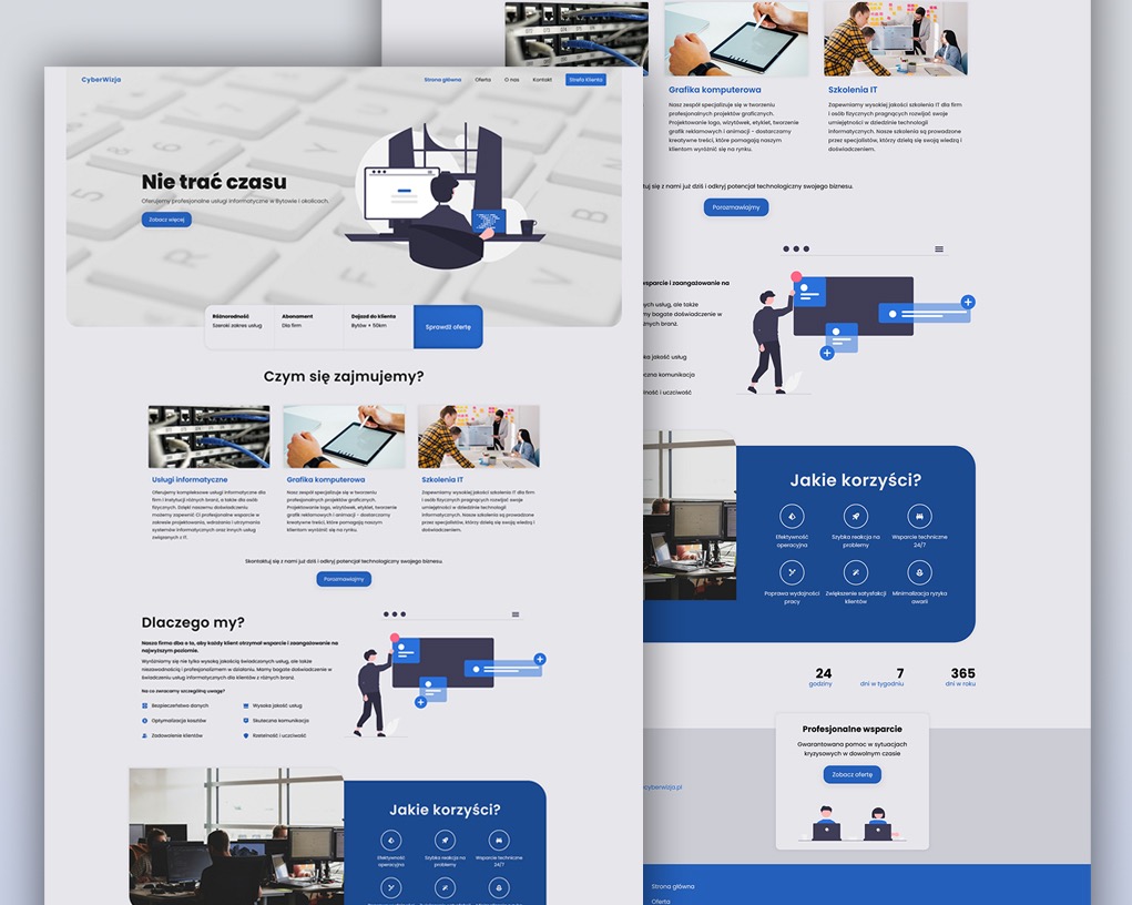 Strona internetowa firmy CyberWizja prezentuje usługi IT, grafikę komputerową i szkolenia. Widoczny układ strony z nagłówkiem, sekcjami opisowymi i ikonami korzyści.