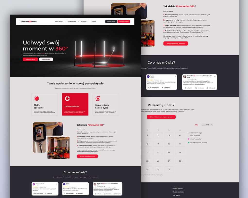 Strona internetowa fotobudki 360: nagłówek z hasłem 'Uchwyć swój moment w 360°', sekcje o efektach specjalnych i opiniach klientów, kalendarz rezerwacji.