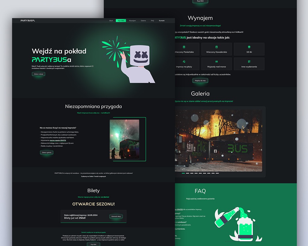 Strona internetowa Partybuspl z zielonym motywem, prezentująca ofertę wynajmu autobusu imprezowego na wieczory panieńskie, kawalerskie i inne wydarzenia.
