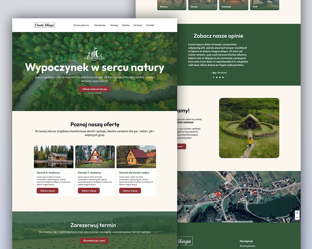 Zrzut ekranu strony internetowej Osada Vikinga. Prezentacja oferty agroturystyki z domkami, galerią zdjęć, opiniami klientów i mapą lokalizacji.