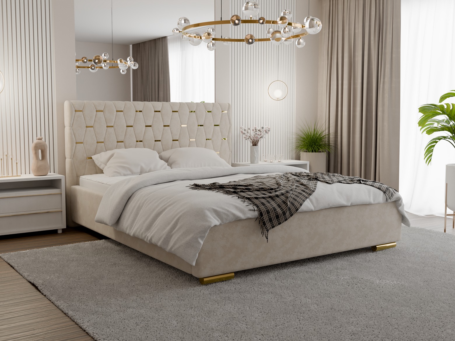 Beżowe łóżko tapicerowane z geometrycznym wzorem na wezgłowiu, białą pościelą i pledem w kratę, na tle nowoczesnej sypialni z dekoracyjnym oświetleniem.