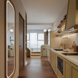 Wnętrze mieszkania w neutralnych barwach z widoczną kuchnią, stołkiem barowym i sypialnią w tle, całość oświetlona punktowymi lampami sufitowymi.